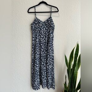Zara Women’s Blue and White Floral Midi Dress with Front Slit Size Medium